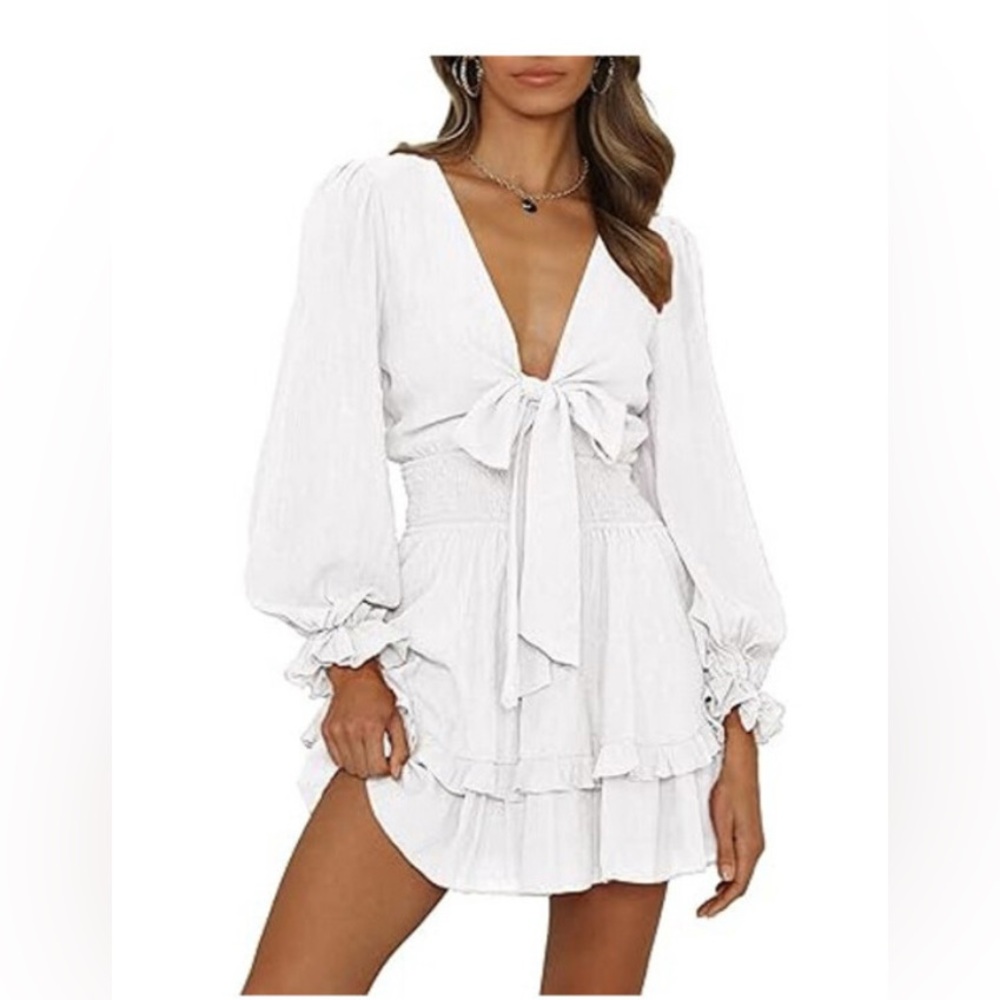 White Long Sleeve Front Tie Ruffle Mini Dress